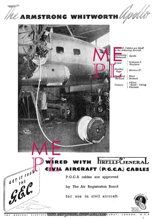 : GEC Pirelli (PGCA) Aircraft Electrical Cables 1949 : GEC Pirelli (PGCA) Aircraft Electrical Cables 1949