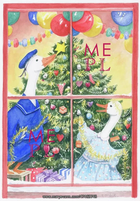 : Two geese decorating Christmas tree : Two geese decorating Christmas tree