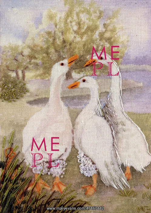: Three Geese ? embroidery on painted calico : Three Geese ? embroidery on painted calico