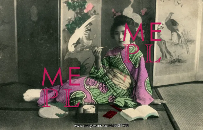  : Geisha seated before a folding screen featuring cranes