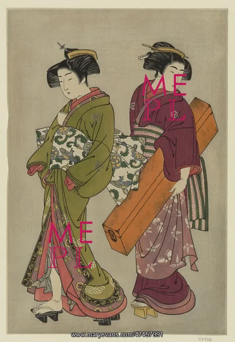 : Geisha and a servant carrying her koto : Geisha and a servant carrying her koto