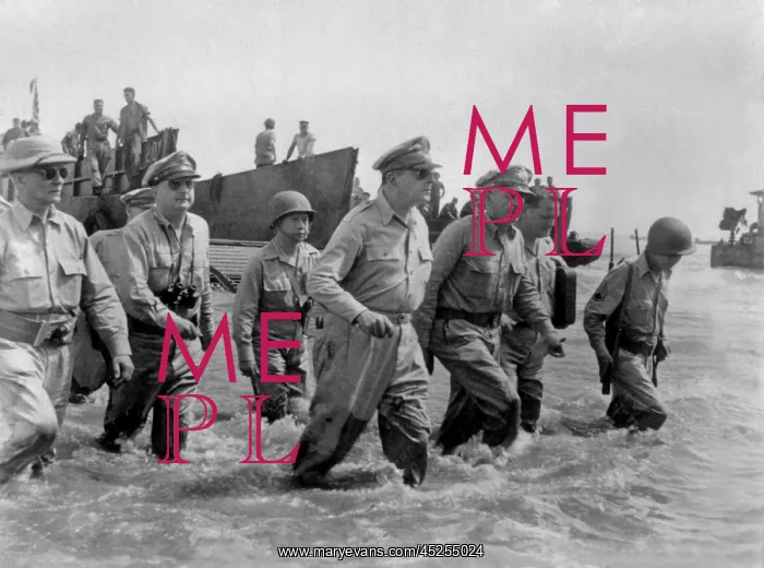 : Gen. Douglas MacArthur wades ashore during initial : Gen. Douglas MacArthur wades ashore during initial