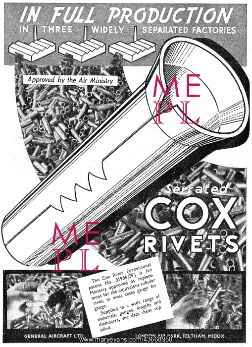 : General Aircraft Ltd - heston. Cox Rivets : General Aircraft Ltd - heston. Cox Rivets