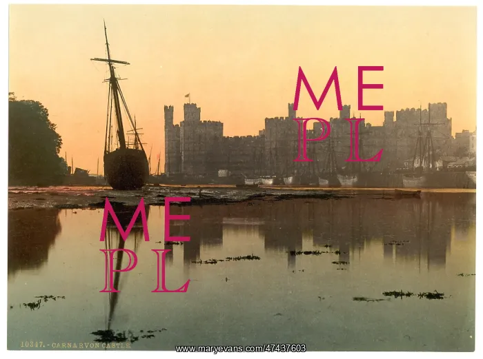 : General view, sunset, Carnarvon Castle (i.e. Caernarfon), Wa : General view, sunset, Carnarvon Castle (i.e. Caernarfon), Wa