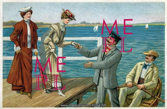 : Gentleman assists a lady to board a small rowing boat : Gentleman assists a lady to board a small rowing boat
