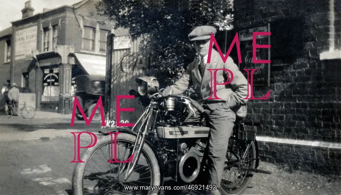 : Gentleman on his circa 1918 Douglas motorcycle : Gentleman on his circa 1918 Douglas motorcycle