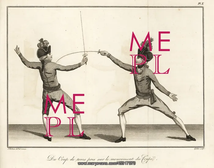 : Gentleman fencer lunging and striking an opponent : Gentleman fencer lunging and striking an opponent
