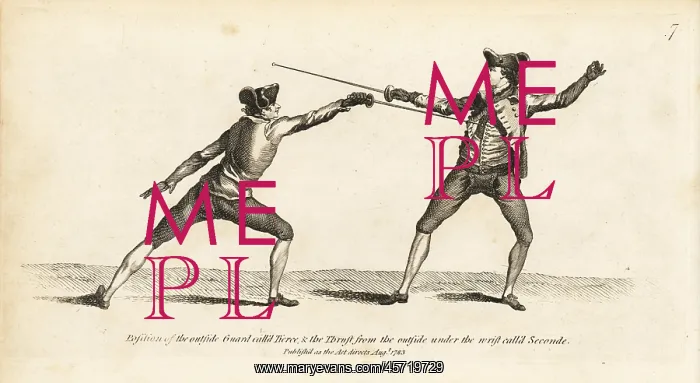 : Gentleman fencers in thrust and guard positions : Gentleman fencers in thrust and guard positions