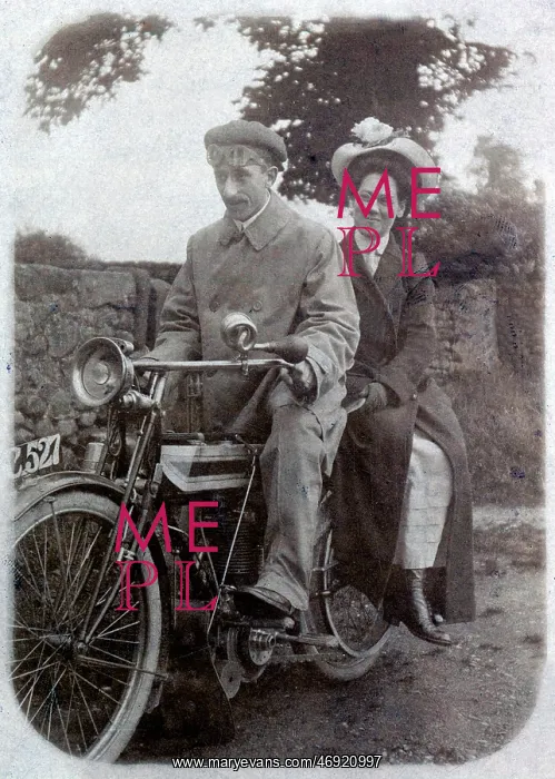 : Gentleman & lady on a 1910 Triumph motorcycle : Gentleman & lady on a 1910 Triumph motorcycle