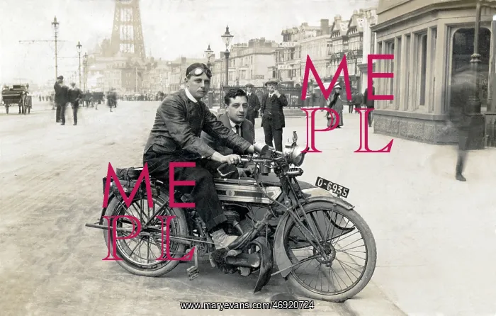 : Gentlemen on a 1914 Triumph motorcycle & sidecar : Gentlemen on a 1914 Triumph motorcycle & sidecar