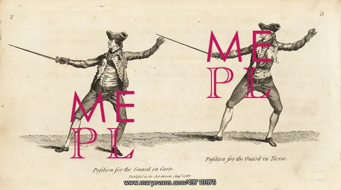 : Gentlemen fencers in guard positions : Gentlemen fencers in guard positions