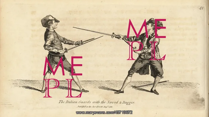 : Gentlemen fencers in the Italian Guard position : Gentlemen fencers in the Italian Guard position