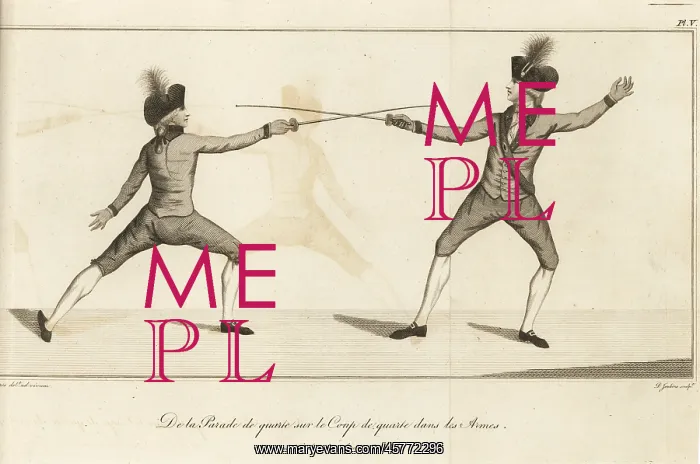 : Gentlemen fencers lunging and parrying, 18th century : Gentlemen fencers lunging and parrying, 18th century