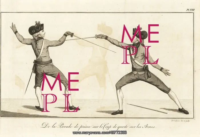: Gentlemen fencers lunging and parrying, 18th century : Gentlemen fencers lunging and parrying, 18th century