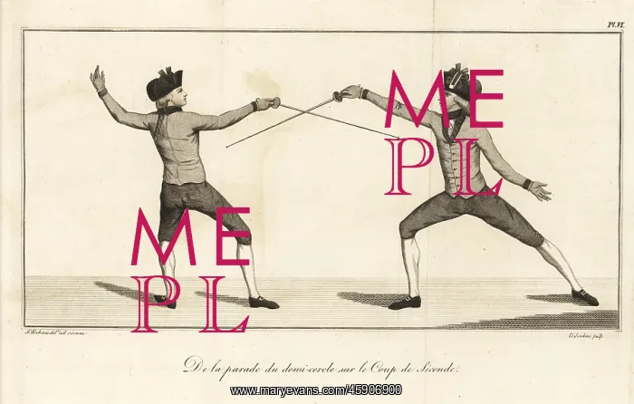 : Gentlemen fencers lunging and parrying, 18th century : Gentlemen fencers lunging and parrying, 18th century