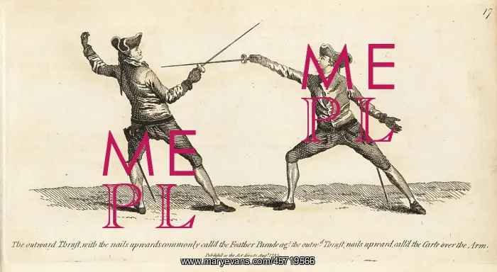 : Gentlemen fencers in thrust and parry positions : Gentlemen fencers in thrust and parry positions
