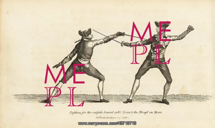 : Gentlemen fencers in Tierce guard and thrust position : Gentlemen fencers in Tierce guard and thrust position