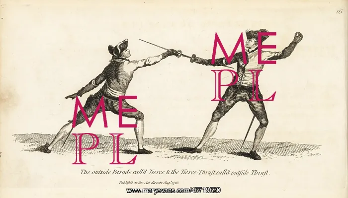 : Gentlemen fencers in Tierce parry and thrust positions : Gentlemen fencers in Tierce parry and thrust positions