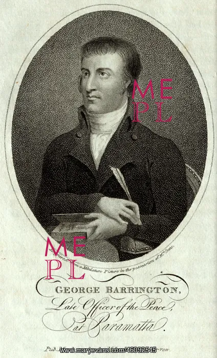 : George Barrington, holding a quill pen : George Barrington, holding a quill pen
