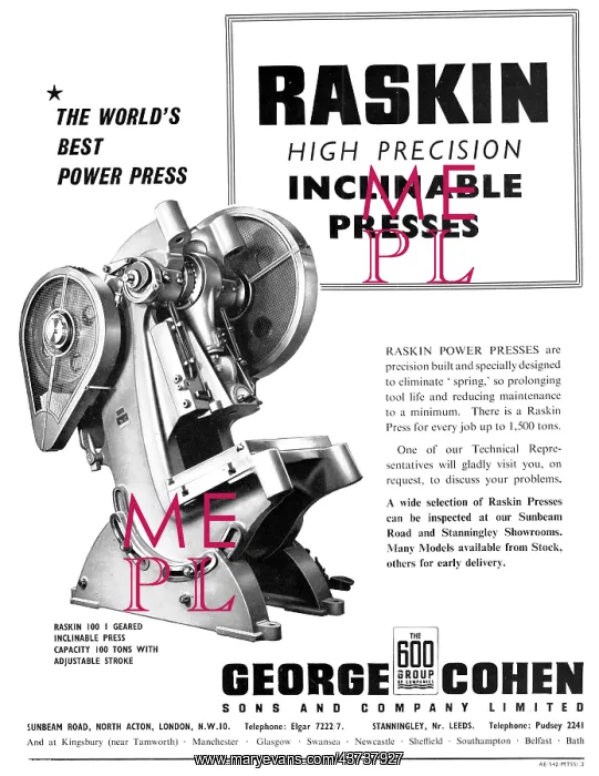 : George Cohen Machine Tools RASKIN Inclinable Presses : George Cohen Machine Tools RASKIN Inclinable Presses