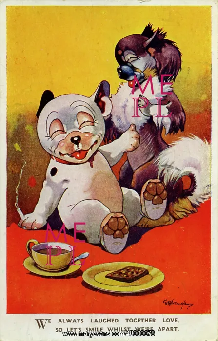 : George Studdy, Bonzo greetings postcard, WW2 : George Studdy, Bonzo greetings postcard, WW2