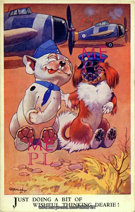 : George Studdy, Bonzo greetings postcard, WW2 : George Studdy, Bonzo greetings postcard, WW2
