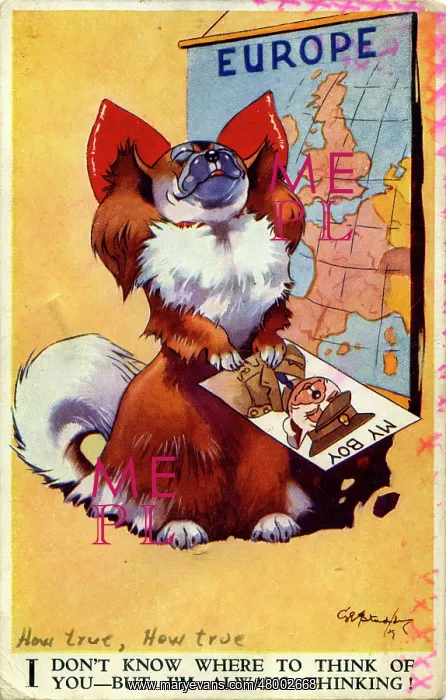 : George Studdy, Bonzo greetings postcard, WW2 : George Studdy, Bonzo greetings postcard, WW2