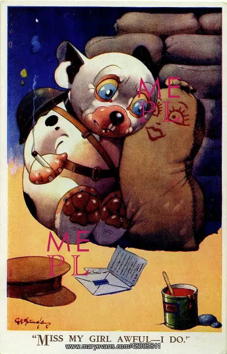 : George Studdy, Bonzo greetings postcard, WW2 : George Studdy, Bonzo greetings postcard, WW2
