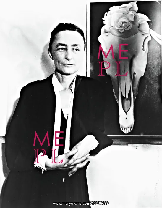 : Georgia O'Keeffe and one of her skull paintings, ? : Georgia O'Keeffe and one of her skull paintings, ?