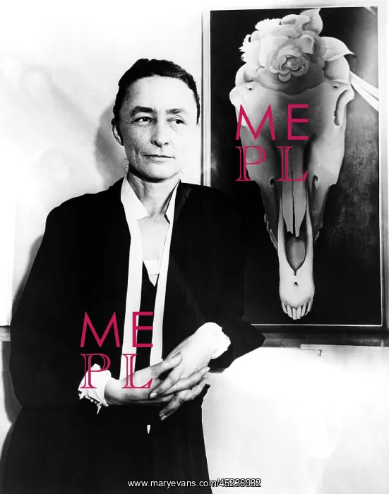 : Georgia O'Keeffe and one of her skull paintings, ? : Georgia O'Keeffe and one of her skull paintings, ?