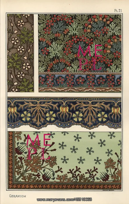  : Geranium motif in wallpaper, border and fabric patterns
