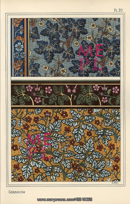 : Geranium motifs in patterns for wallpaper and fabric : Geranium motifs in patterns for wallpaper and fabric