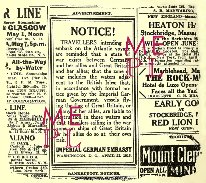 : German advertisement warning travelers of RMS : German advertisement warning travelers of RMS