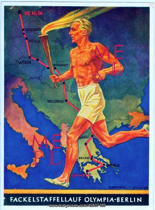 : German athlete carrying Olympic flame over world map : German athlete carrying Olympic flame over world map