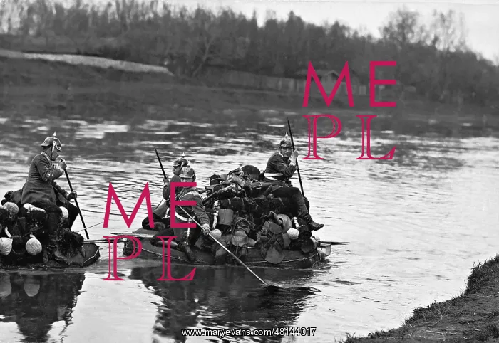 : German cavalrymen put across a river, 1912 : German cavalrymen put across a river, 1912