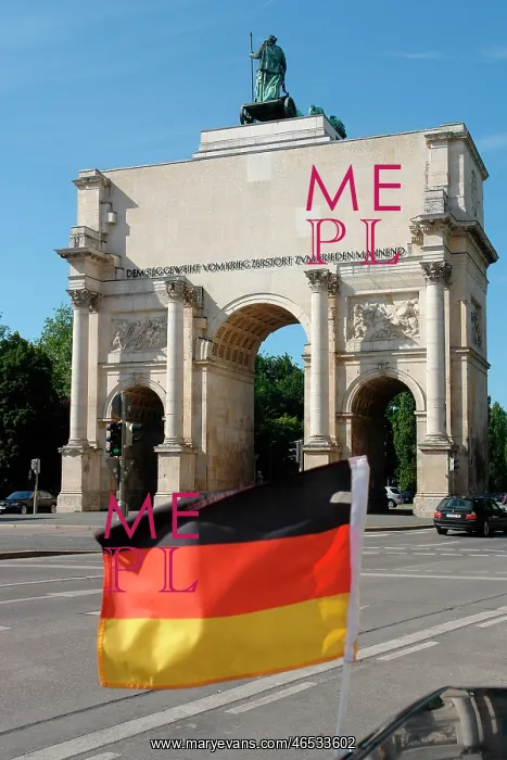 : German flag and Siegestor, Munich, Germany : German flag and Siegestor, Munich, Germany