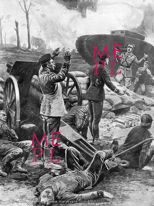 : German gun crew surrender to a tank at Messines, WW1 : German gun crew surrender to a tank at Messines, WW1