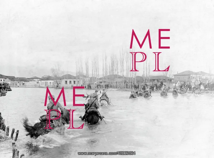 : German hussars crossing a river, 1917 : German hussars crossing a river, 1917