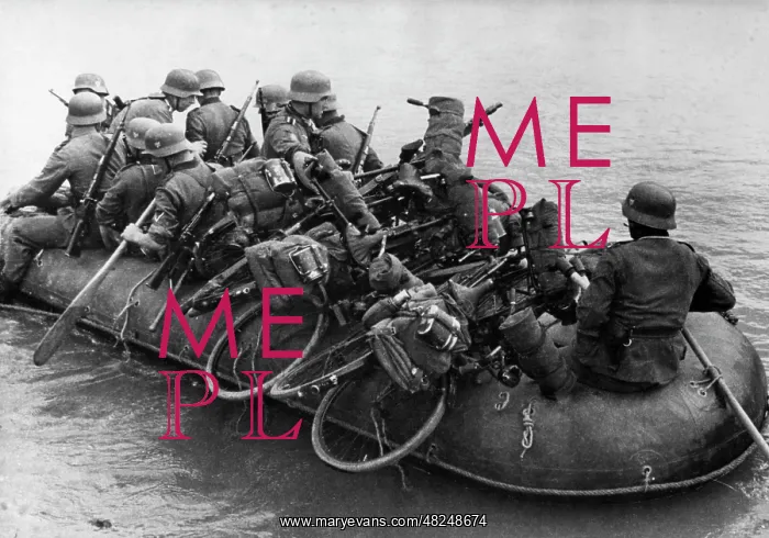 : German infantry crossing a border river on the Eastern : German infantry crossing a border river on the Eastern