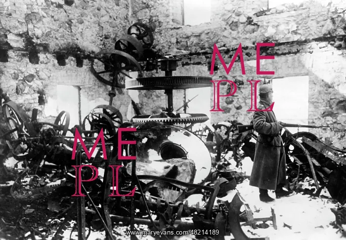 : German infantryman in a destroyed mill, 1915 : German infantryman in a destroyed mill, 1915