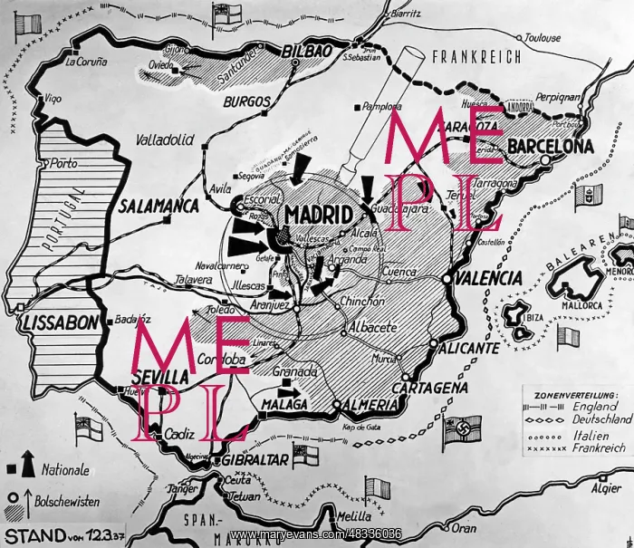 : German map of Spain with front lines, March 1937 : German map of Spain with front lines, March 1937