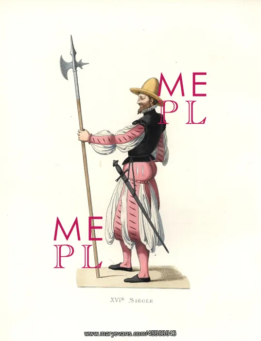 : German mercenary, 16th century, carrying a sword and halberd : German mercenary, 16th century, carrying a sword and halberd