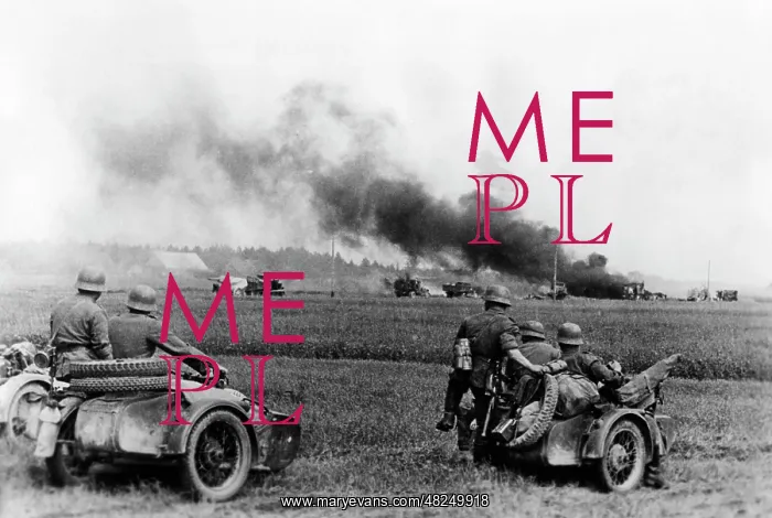 : German motorcycle troops pass by burning Soviet vehicles : German motorcycle troops pass by burning Soviet vehicles