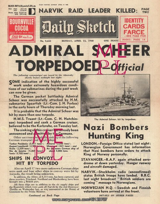 : German pocket battleship Lutzow torpedoed : German pocket battleship Lutzow torpedoed