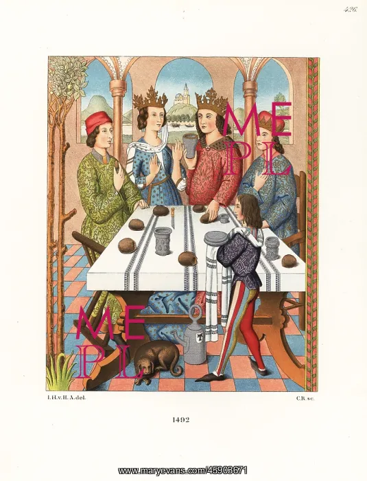 : A German royal couple sits at a table, 1492 : A German royal couple sits at a table, 1492
