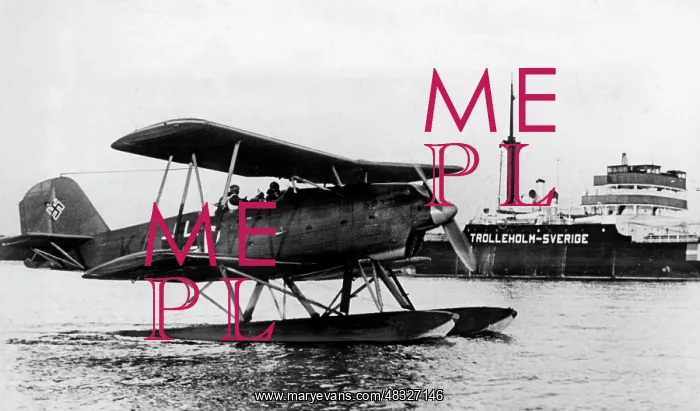 : German seaplane in front of a neutral cargo ship, 1940 : German seaplane in front of a neutral cargo ship, 1940