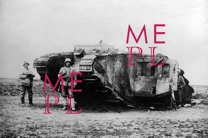 : German soldiers in front of a British tank, 1917 : German soldiers in front of a British tank, 1917