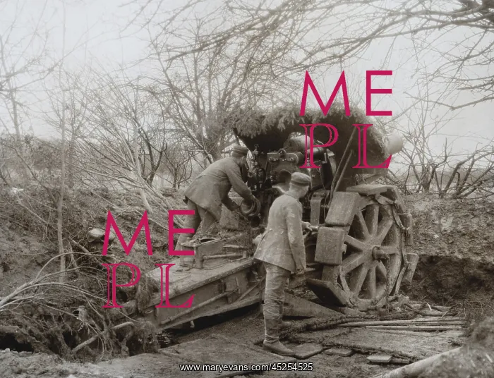 : German Soldiers at a camouflaged Howitzer during : German Soldiers at a camouflaged Howitzer during