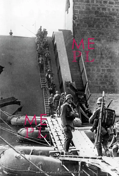 : German soldiers crossing a bridge destroyed : German soldiers crossing a bridge destroyed