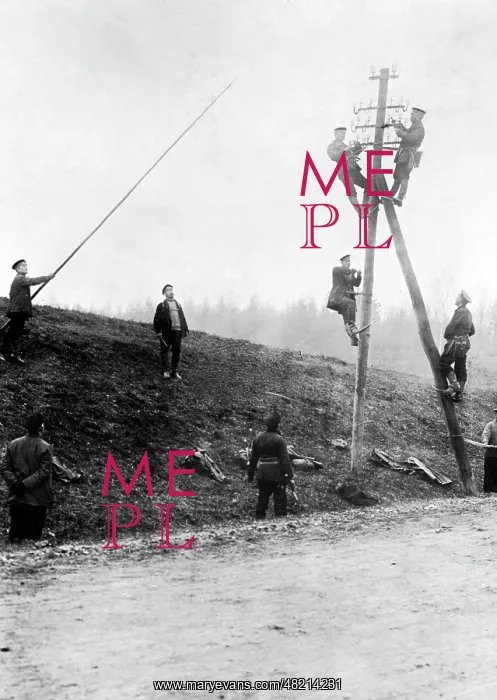 : German soldiers re-construct a telegraph line, 1914 : German soldiers re-construct a telegraph line, 1914